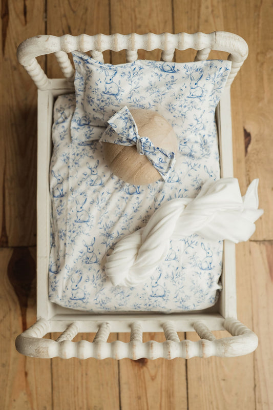 Bed Linens, Newborn Sheet set ,Photo Prop, Blue Toile Bunny Print, Bonnet, Wrap, Headband.