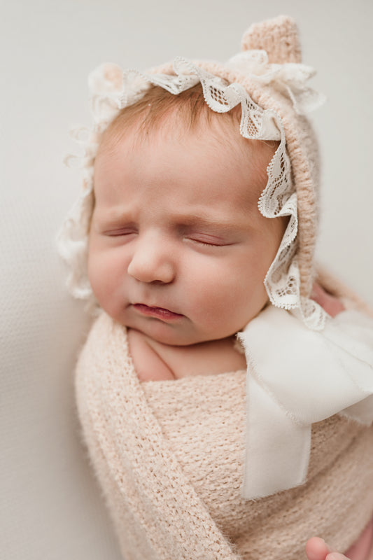 Newborn Sweater Knit Wrap and Bear Bonnet, Pale Peach with fringe on wrap