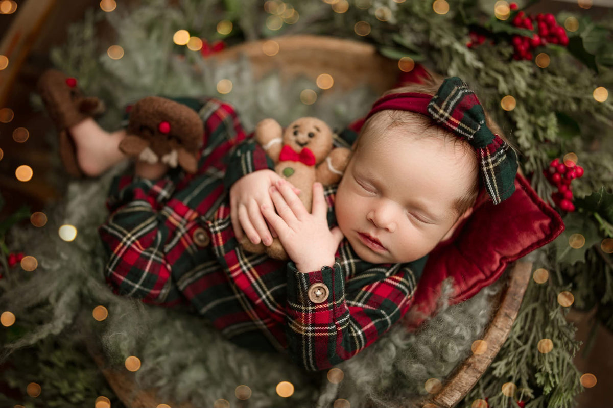 Christmas Pjs and Gown, Overalls, Dress, Tartan Plaid, Matching Bonnet, Lace Trim Collar, Photo Prop