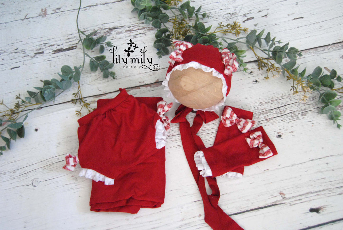 Newborn Bonnet, Holiday red and white gingham bows on red with ruffled lace.