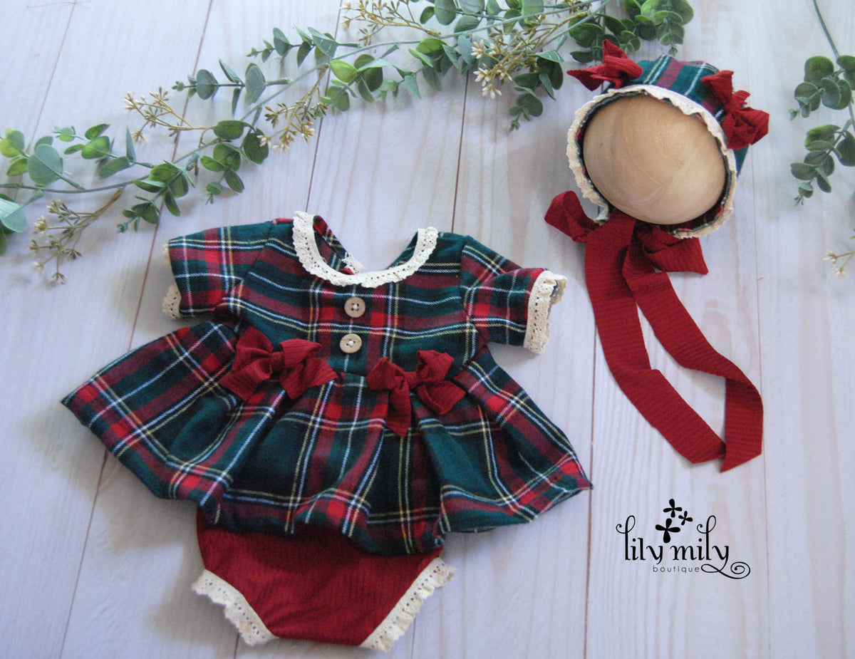 Newborn Tartan Plaid Dress Set, with or without Bonnet