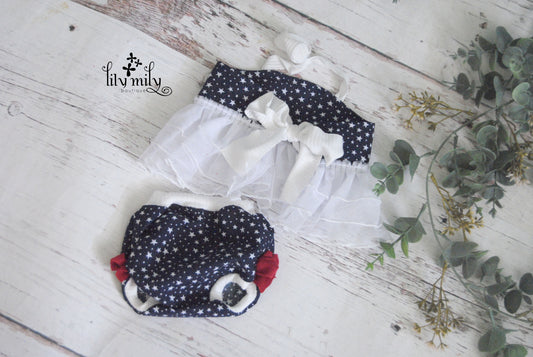 Newborn /  6-12 Month 4th of July Star Ruffled Dress.