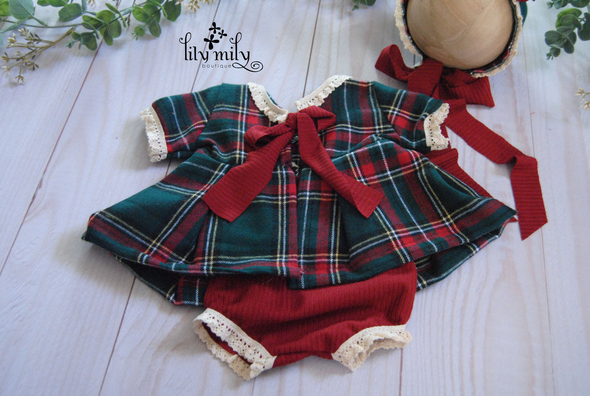 Newborn Tartan Plaid Dress Set, with or without Bonnet