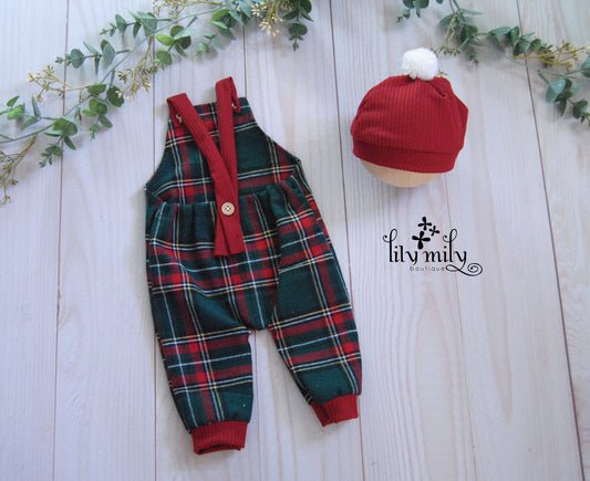 Newborn Tartan Plaid Overall, and Pom hat hat to match.