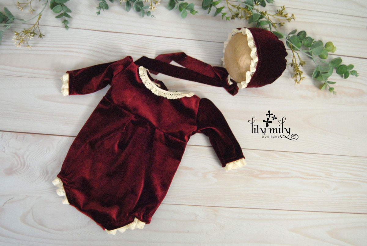 Newborn Wine Red Velvet Romper, w/ matching Bonnet