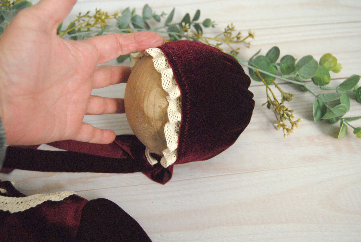 Newborn Wine Red Velvet Romper, w/ matching Bonnet