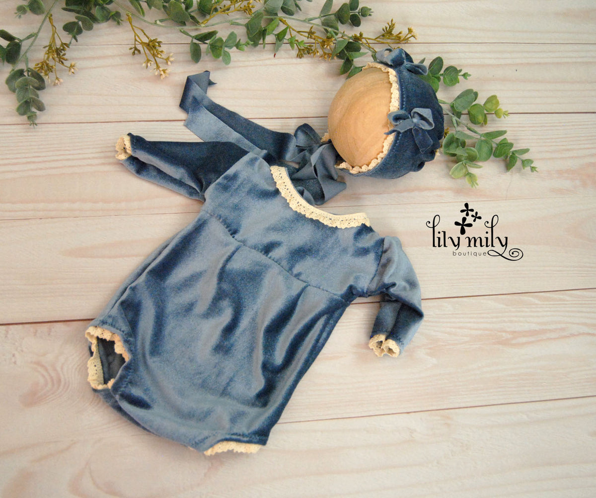 Newborn Blue Velvet Romper and Bonnet to Match