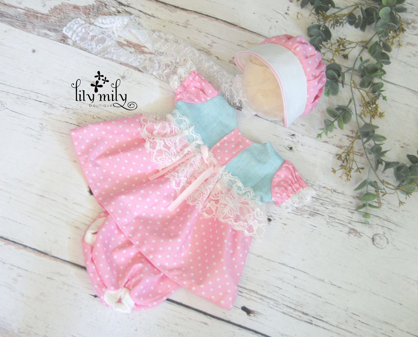 Newborn Bo Peep Dress, Trimmed in Lace, with Bloomers, Photography Prop, Pink Polka Dot,  Large Brim Bonnet, Toy Story 5 Movie, First Photo.