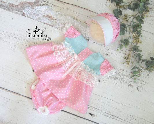 Newborn Bo Peep Dress, Trimmed in Lace, with Bloomers, Photography Prop, Pink Polka Dot,  Large Brim Bonnet, Toy Story 5 Movie, First Photo.
