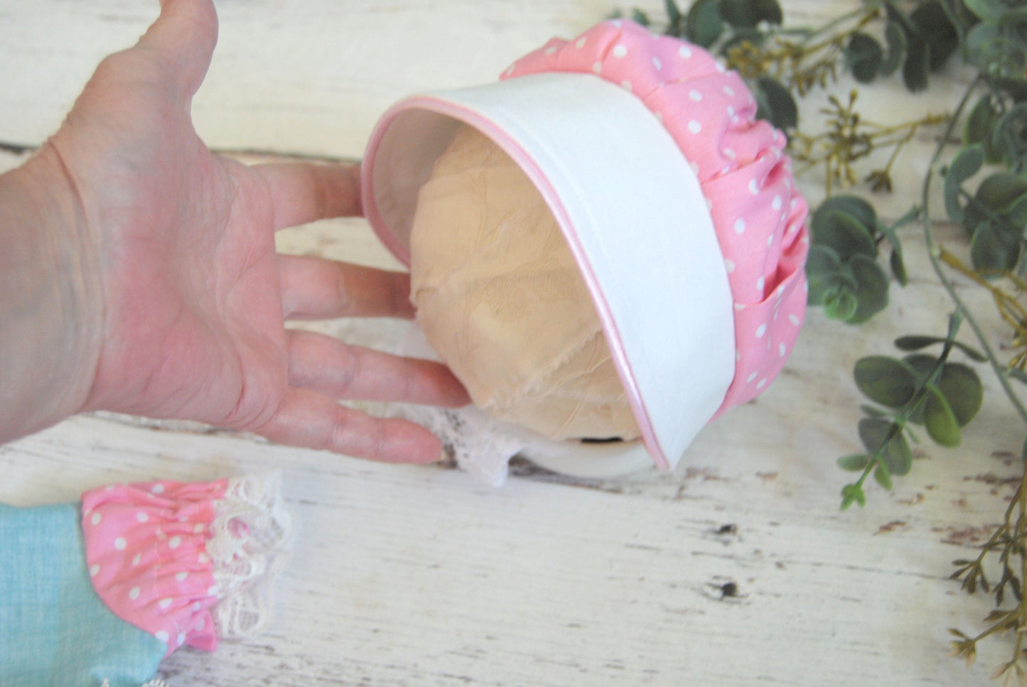 Newborn Bo Peep Dress, Trimmed in Lace, with Bloomers, Photography Prop, Pink Polka Dot,  Large Brim Bonnet, Toy Story 5 Movie, First Photo.