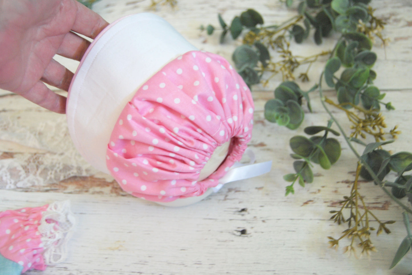 Newborn Bo Peep Dress, Trimmed in Lace, with Bloomers, Photography Prop, Pink Polka Dot,  Large Brim Bonnet, Toy Story 5 Movie, First Photo.