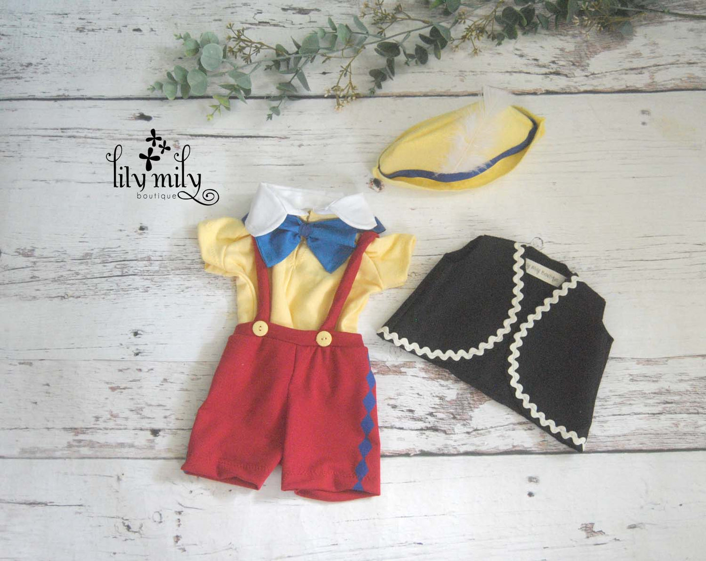 Wooden Puppet Boy Newborn Costume – Storybook Character Outfit with Vest & Hat