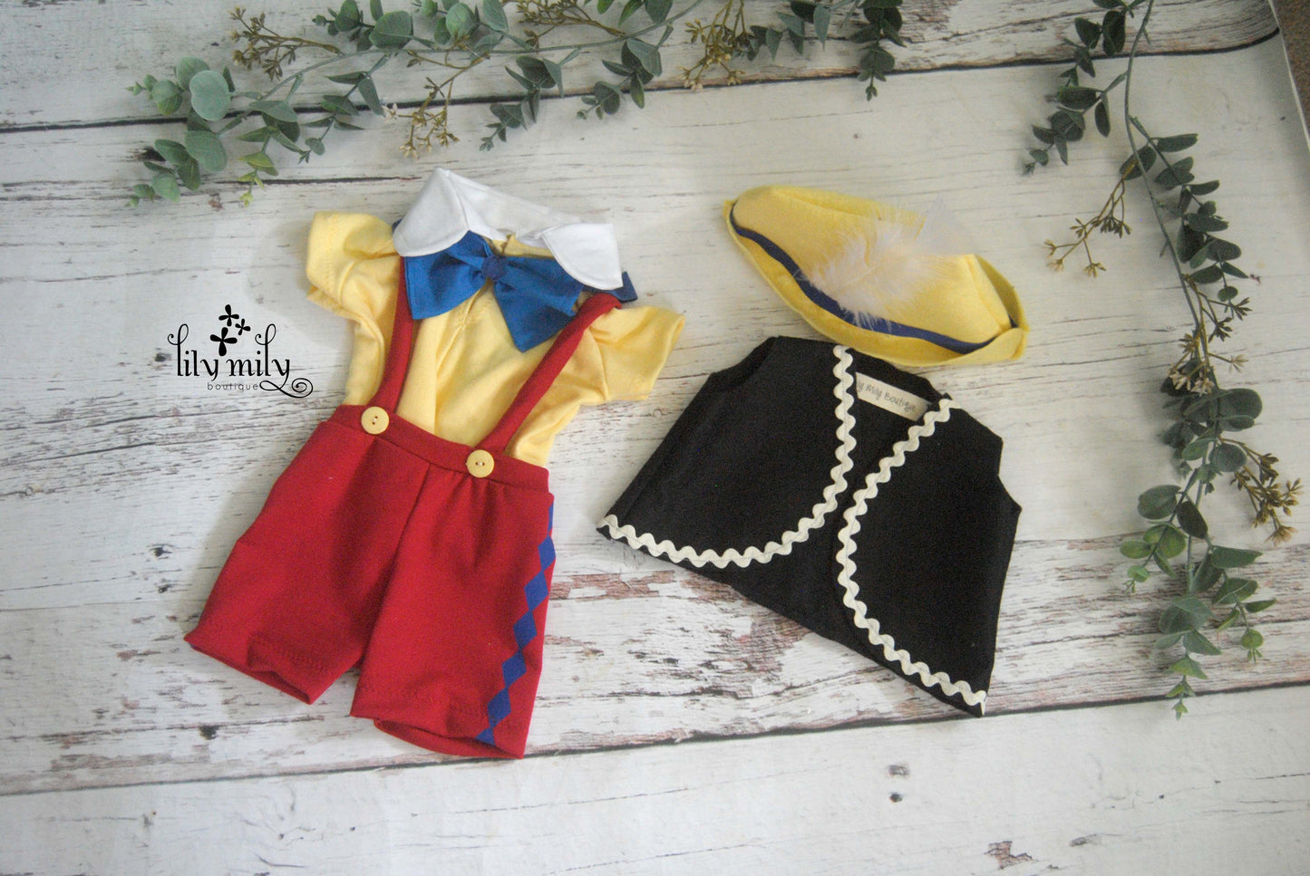 Wooden Puppet Boy Newborn Costume – Storybook Character Outfit with Vest & Hat