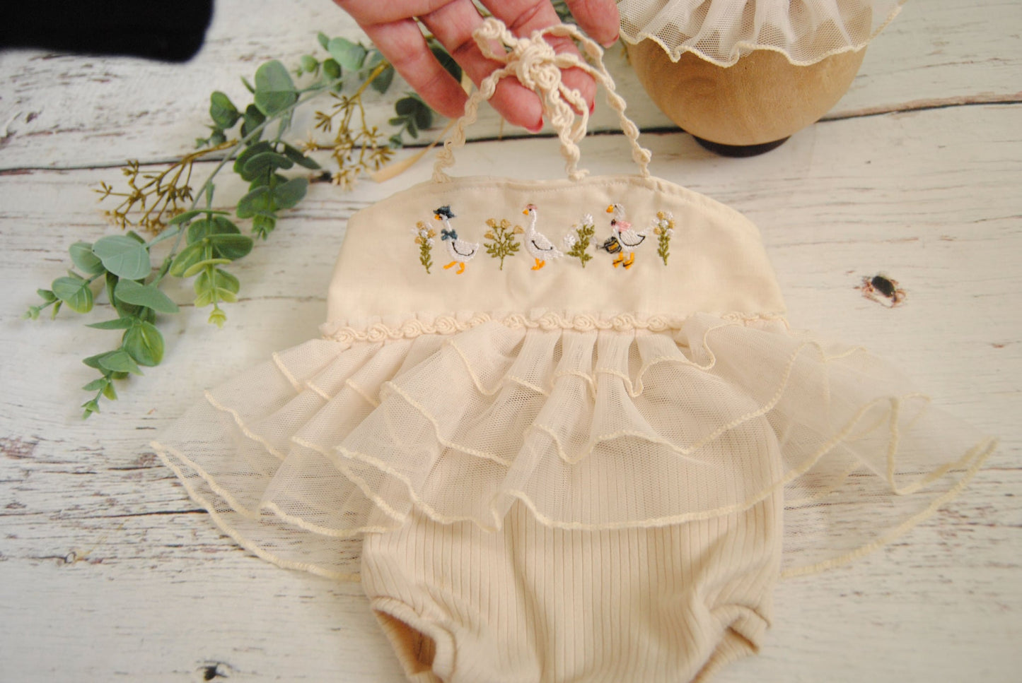 Silly Goose on the loose, newborn embroidery dress set with party hat to match