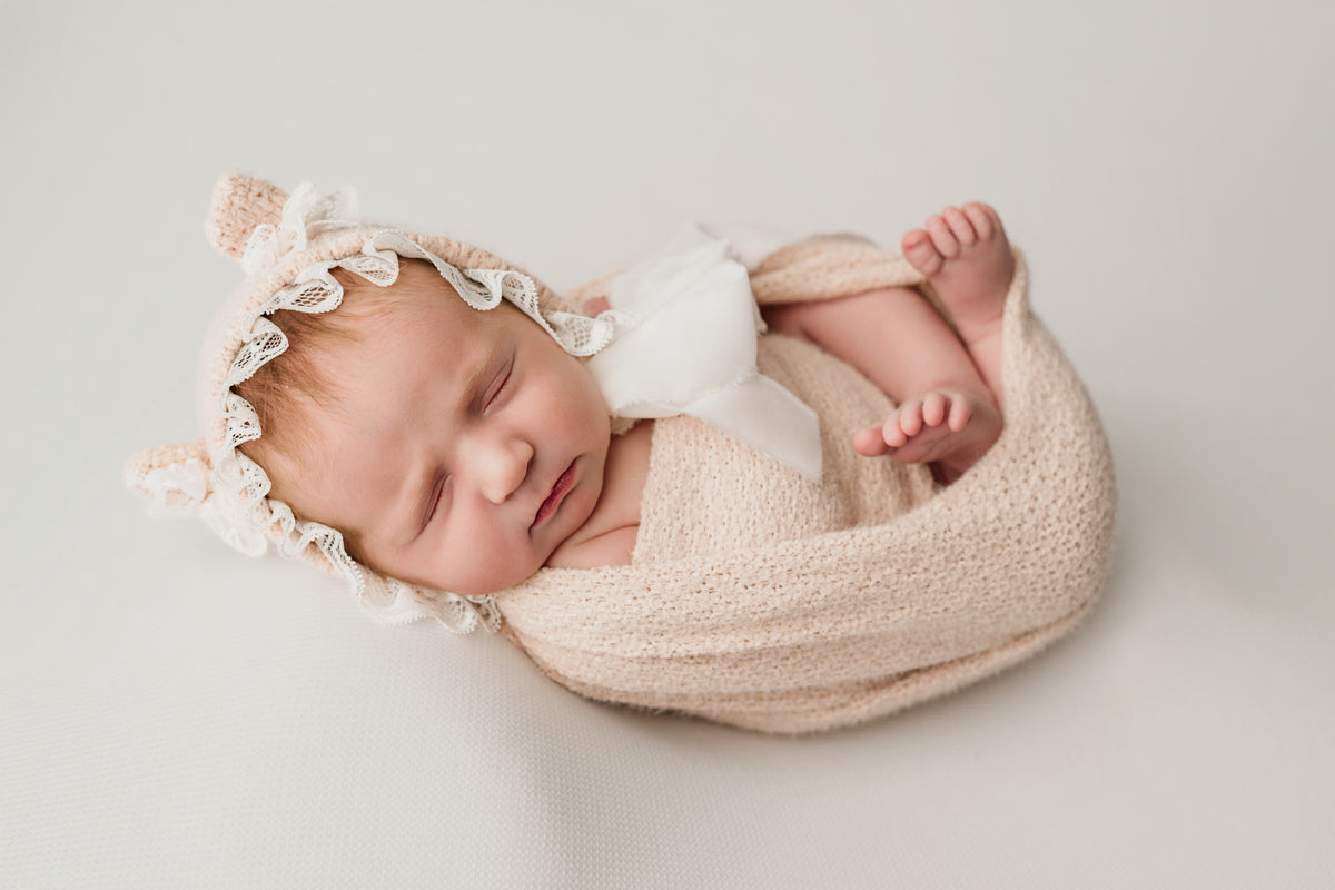 Newborn Sweater Knit Wrap and Bear Bonnet, Pale Peach with fringe on wrap