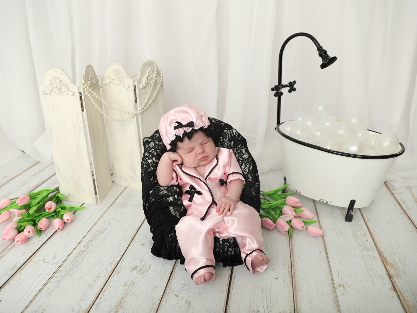 Newborn Satin Loungewear, with shower cap.