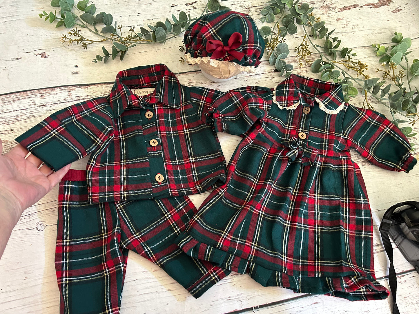 Christmas Pjs and Gown, Newborn, Tartan Plaid, Matching Bonnet, Lace Trim Collar, Photo Prop