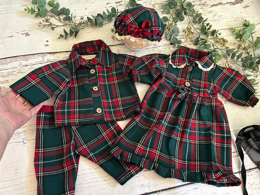 Christmas Pjs and Gown, Newborn, Tartan Plaid, Matching Bonnet, Lace Trim Collar, Photo Prop
