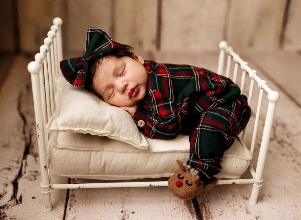 Christmas Pjs and Gown, Newborn, Tartan Plaid, Matching Bonnet, Lace Trim Collar, Photo Prop