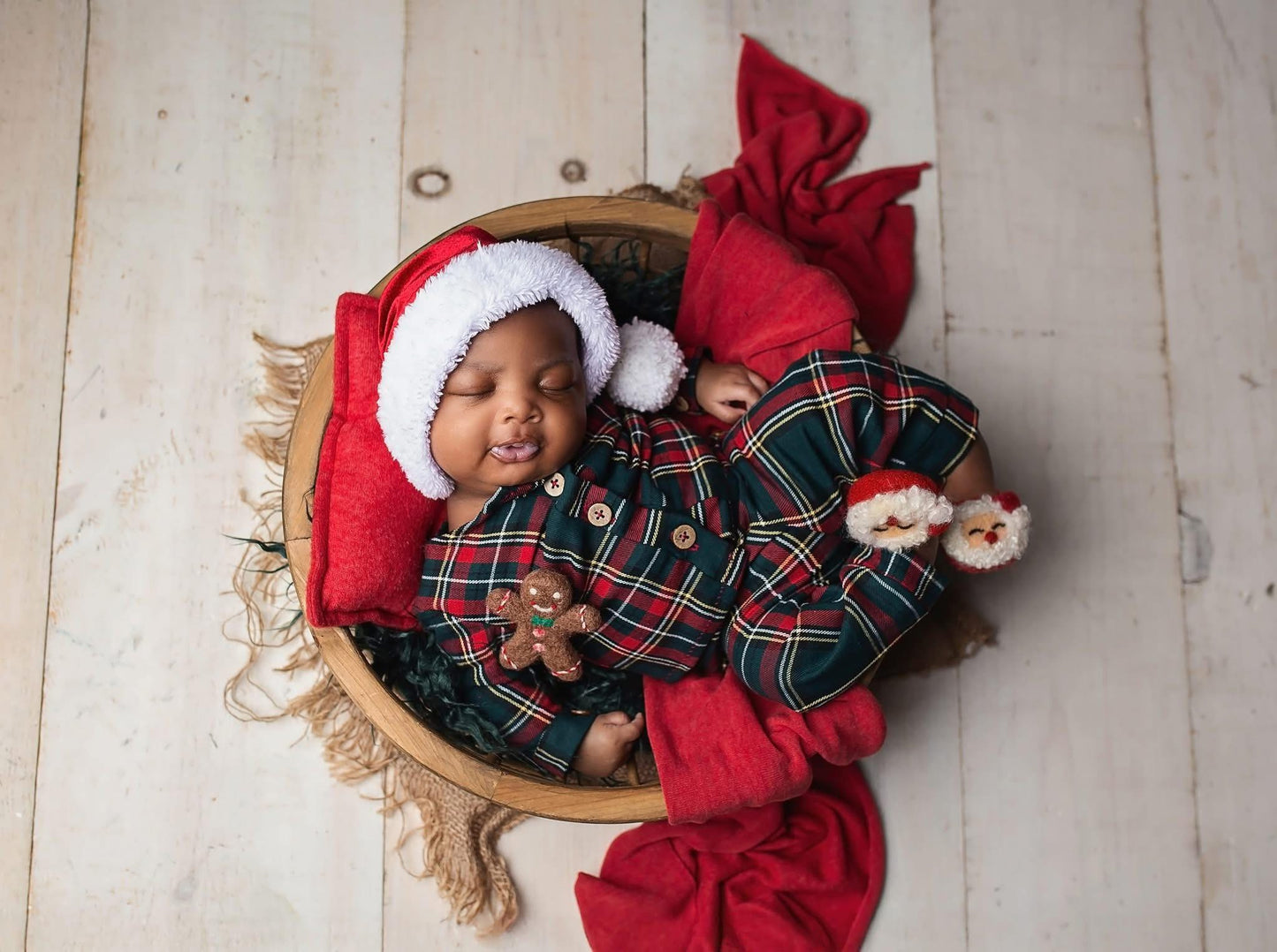 Christmas Pjs and Gown, Newborn, Tartan Plaid, Matching Bonnet, Lace Trim Collar, Photo Prop