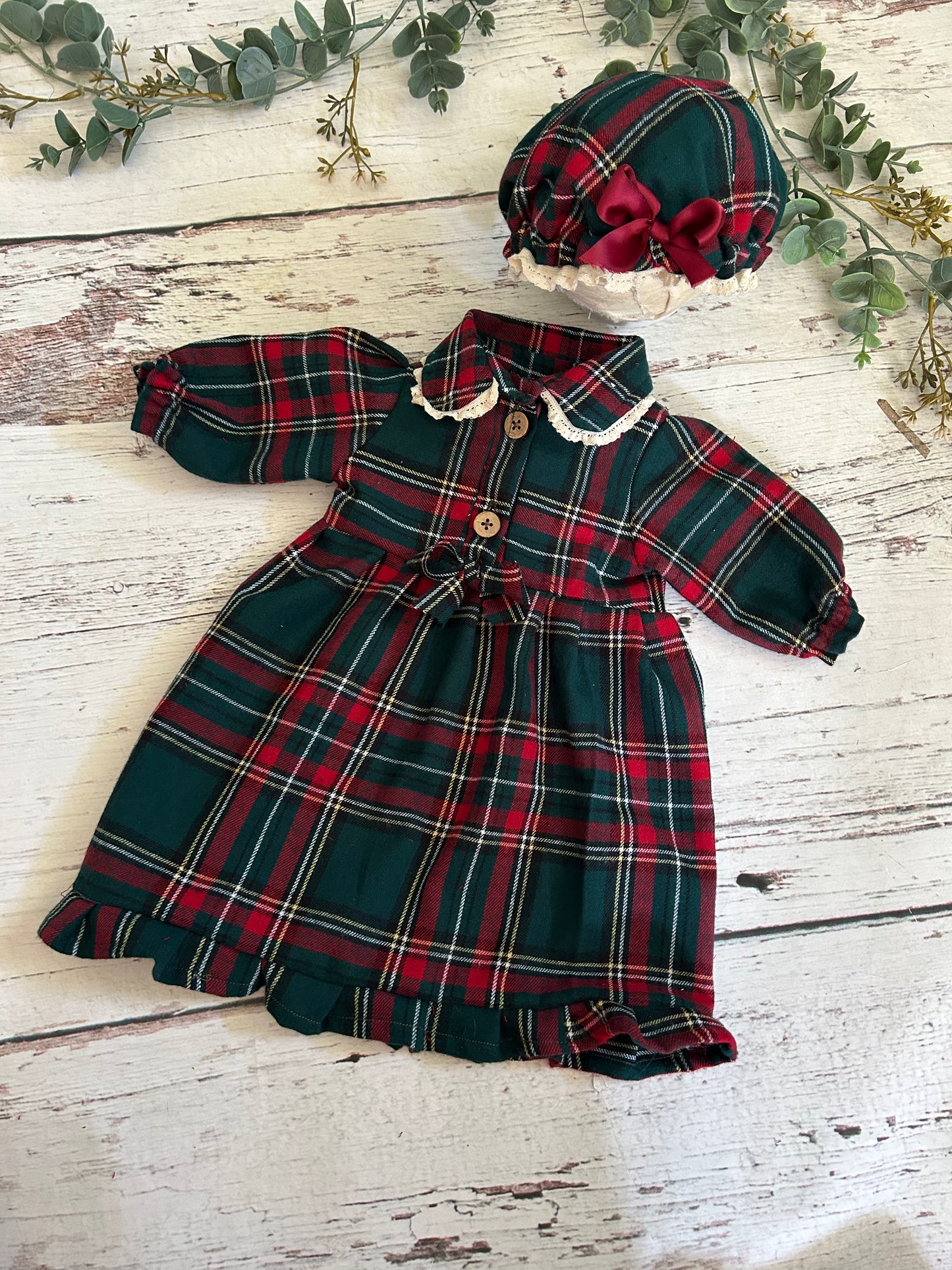 Christmas Pjs and Gown, Newborn, Tartan Plaid, Matching Bonnet, Lace Trim Collar, Photo Prop