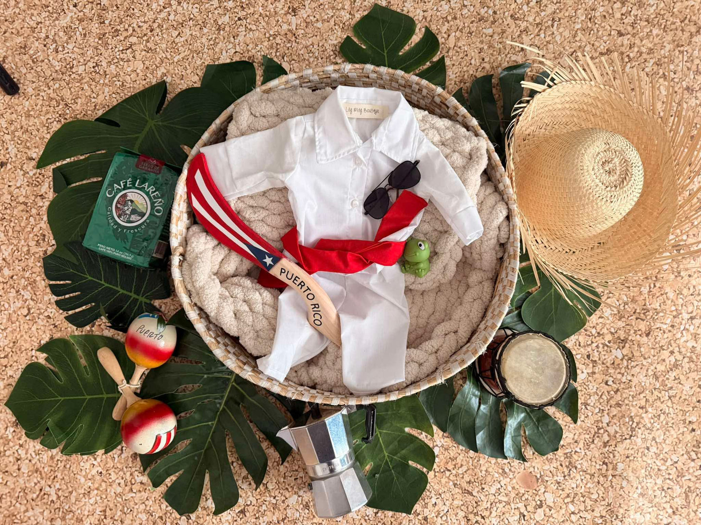 Newborn Puerto Rican Boy Outfit, Sugar Cane Machete, Photo Prop, Scarf and Belt, White Collar Shirt With Pants, Jibaro, Puerto Rico