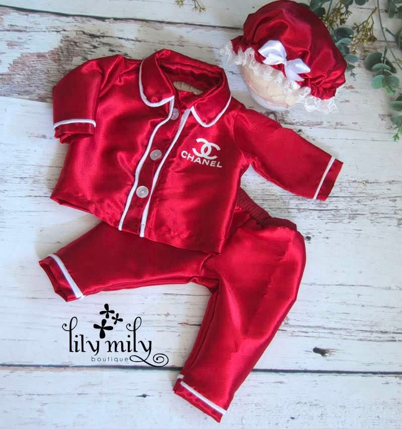 Newborn Red Satin Pjs and shower cap. photo prop