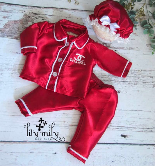 Newborn Red Satin Pjs and shower cap. photo prop