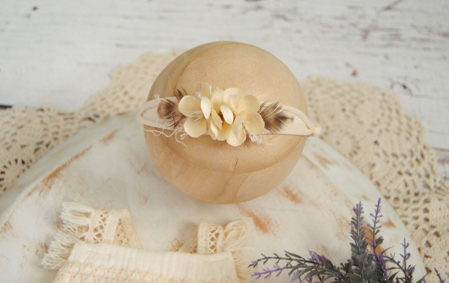 Boho Newborn Textured Romper, Adjustable Straps, Photo Prop, First Baby Girl, Neutral, Timeless images, Matching Headband With Flowers.