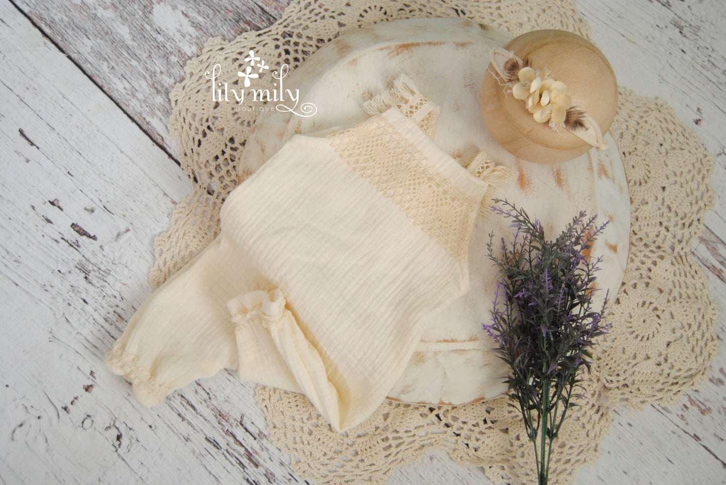 Boho Newborn Textured Romper, Adjustable Straps, Photo Prop, First Baby Girl, Neutral, Timeless images, Matching Headband With Flowers.