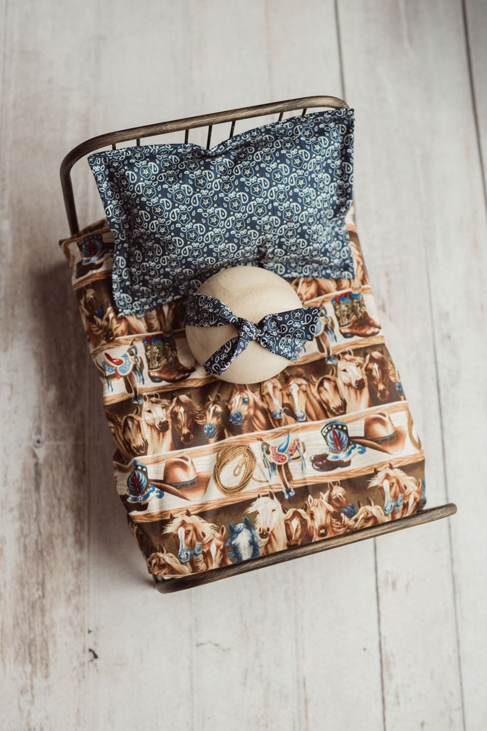 Cowboy / Girl Bedding, Newborn Photo Prop, Western, Fitted Sheet, Pillowcase, Knotted Headband, Cowboy Hat, Horse Print, Rodeo Baby.