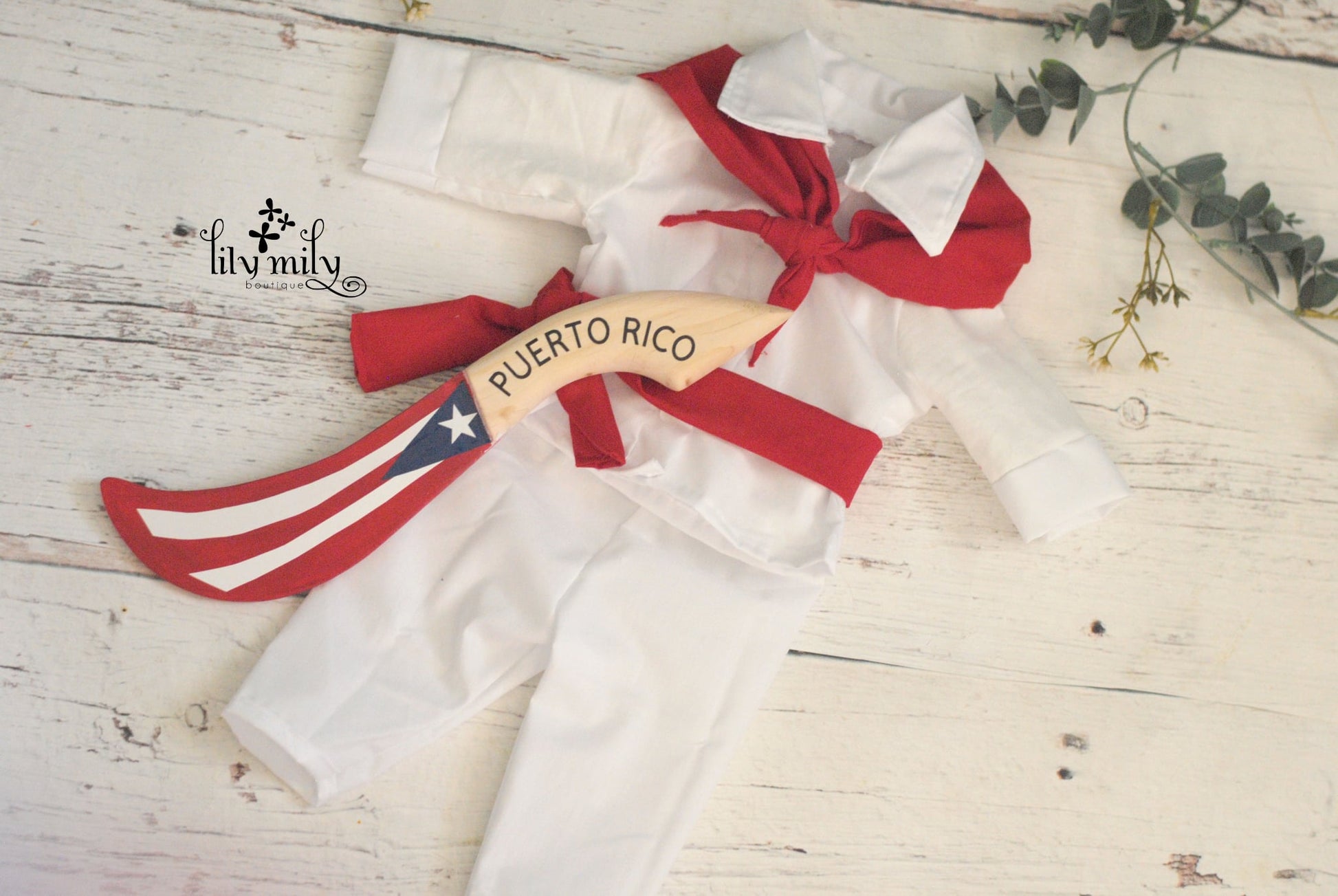 White newborn pants and shirt with red scarf,and belt, Puerto Rico flag wood machete prop, 0–3 months