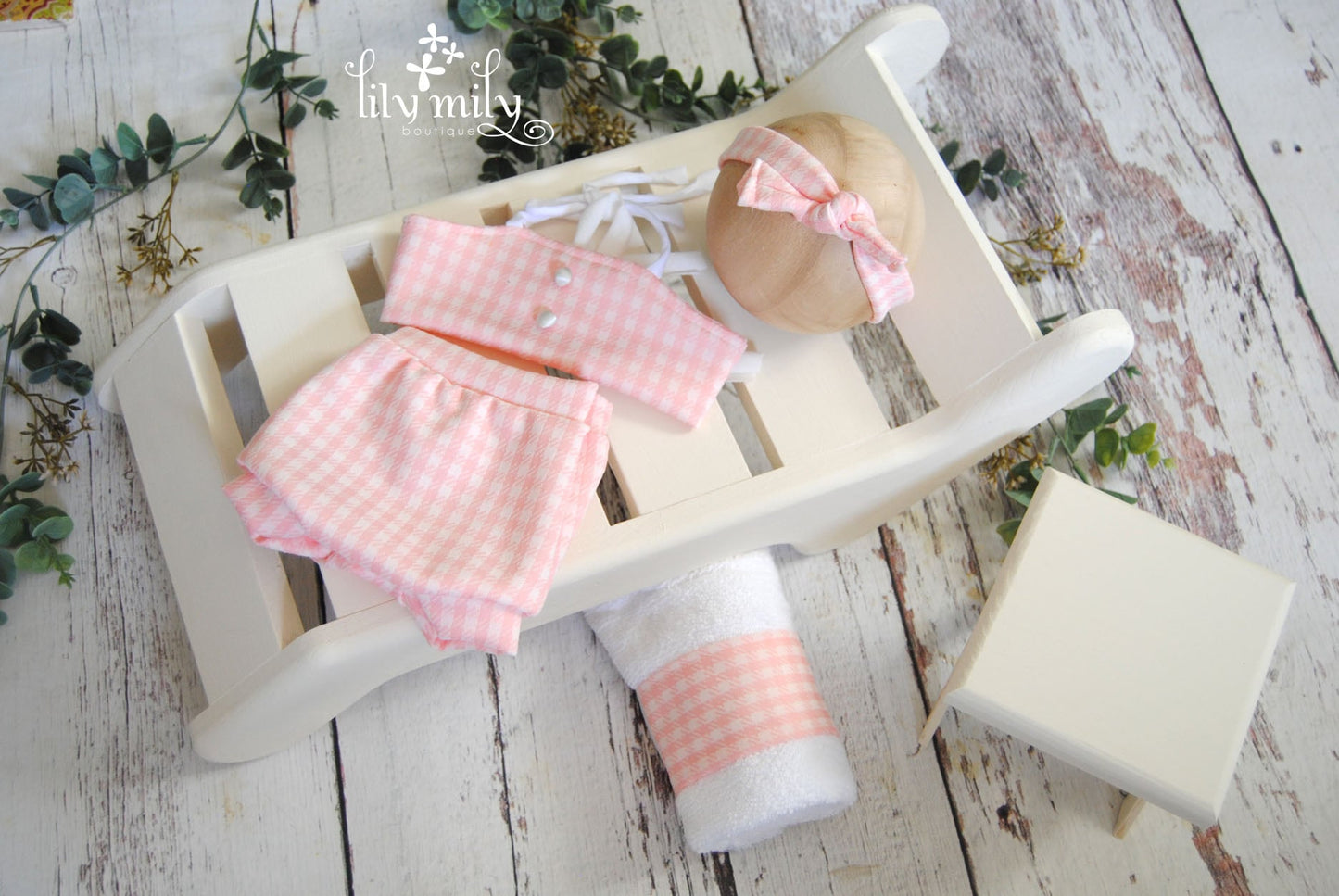 Newborn Pink Bikini in Gingham, Photo Prop, Matching Towel and Headband