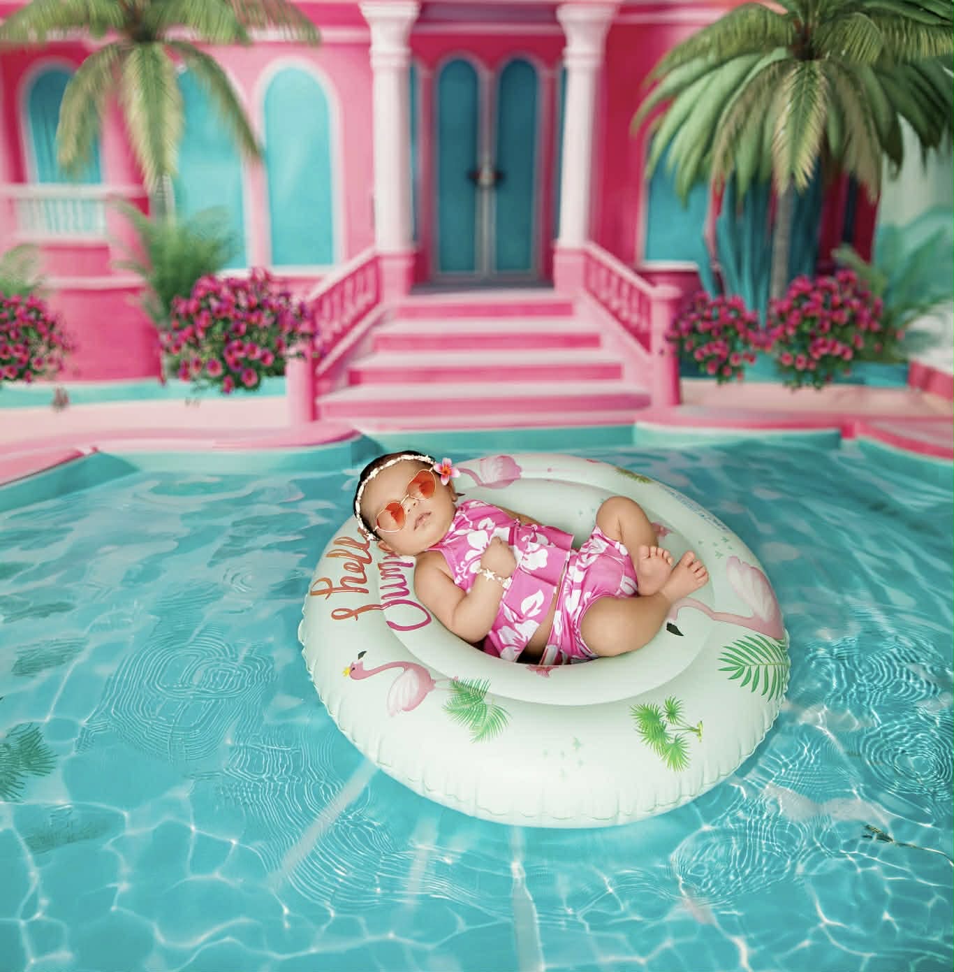 Tropical Trunks, bikini, and towels, Pink and Blue