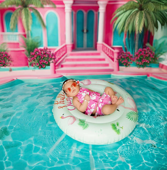 Tropical Trunks, bikini, and towels, Pink and Blue