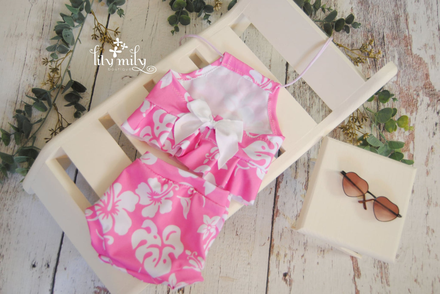 Tropical Trunks, bikini, and towels, Pink and Blue