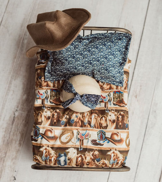 Cowboy / Girl Bedding, Newborn Photo Prop, Western, Fitted Sheet, Pillowcase, Knotted Headband, Cowboy Hat, Horse Print, Rodeo Baby.
