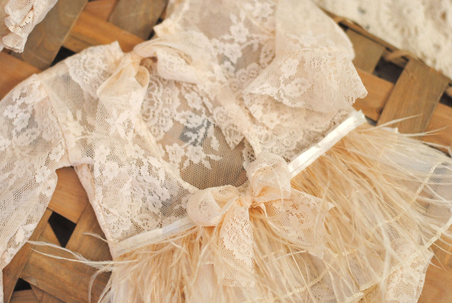 Newborn Lace Romper | Ruffled Butt w/ Feathers, Bonnet to match