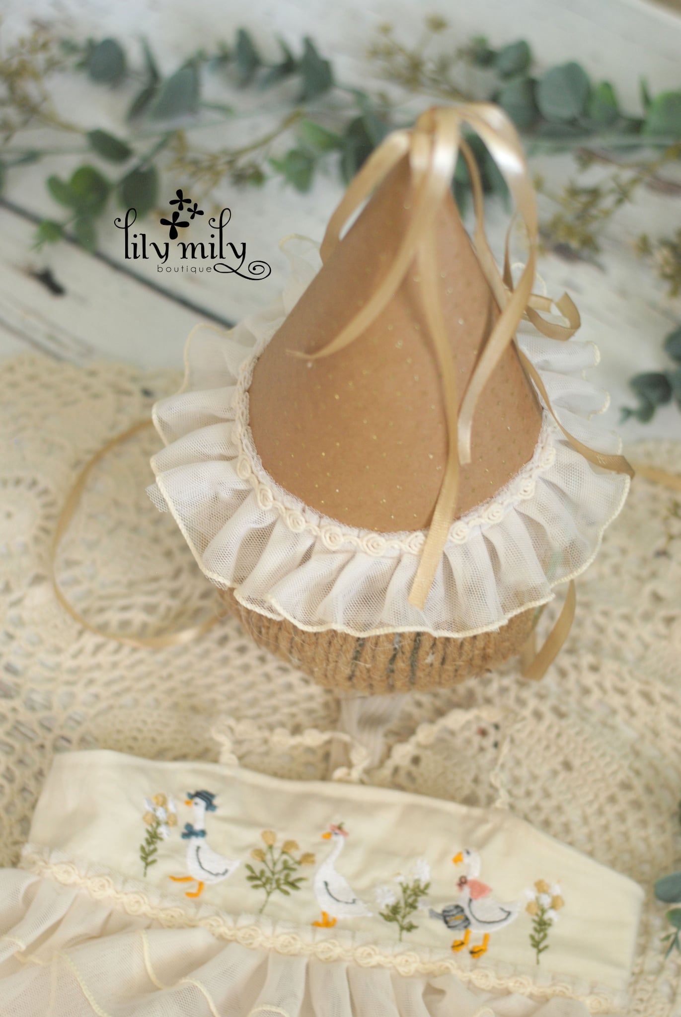 Silly Goose on the loose, newborn embroidery dress set with party hat to match