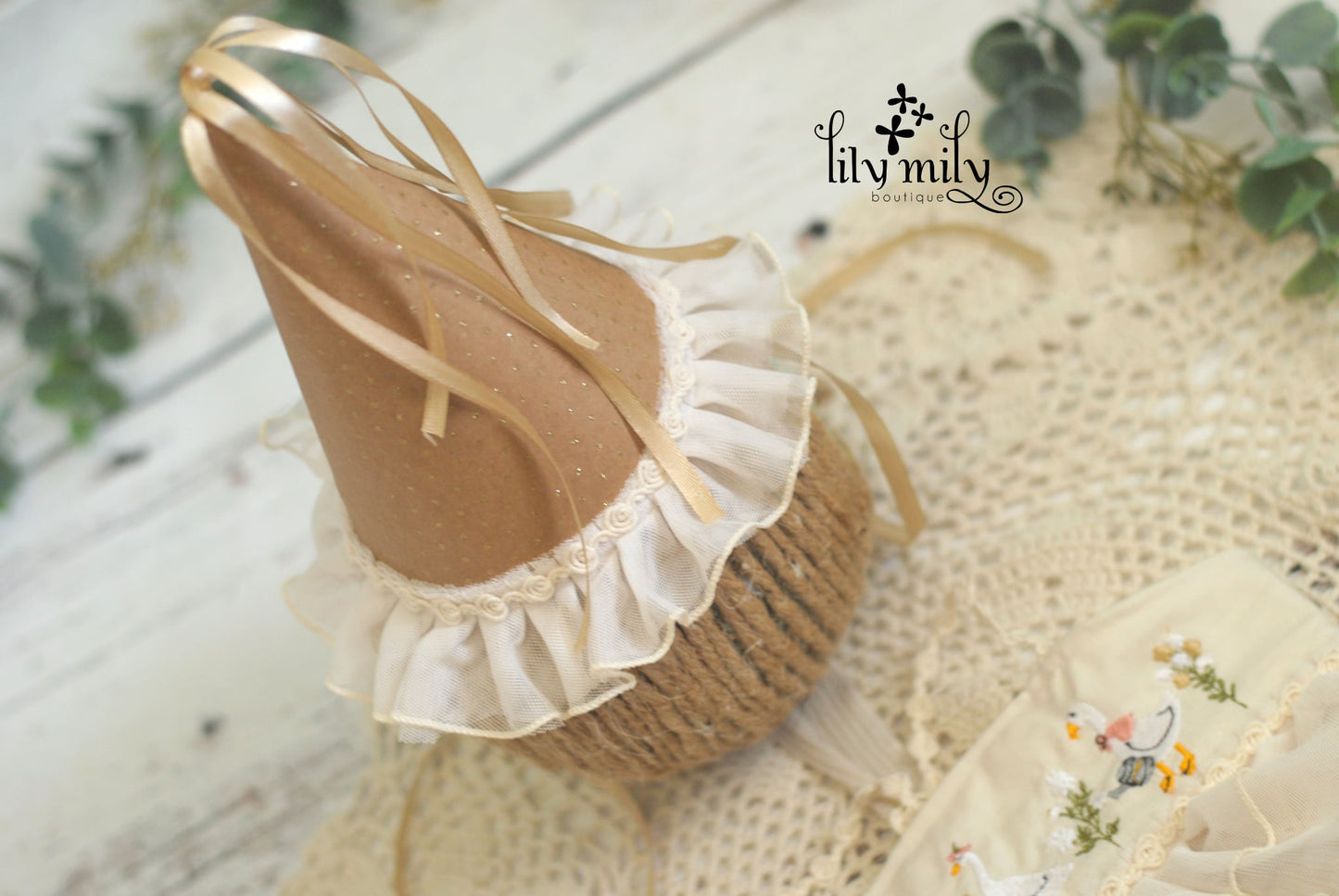 Silly Goose on the loose, newborn embroidery dress set with party hat to match